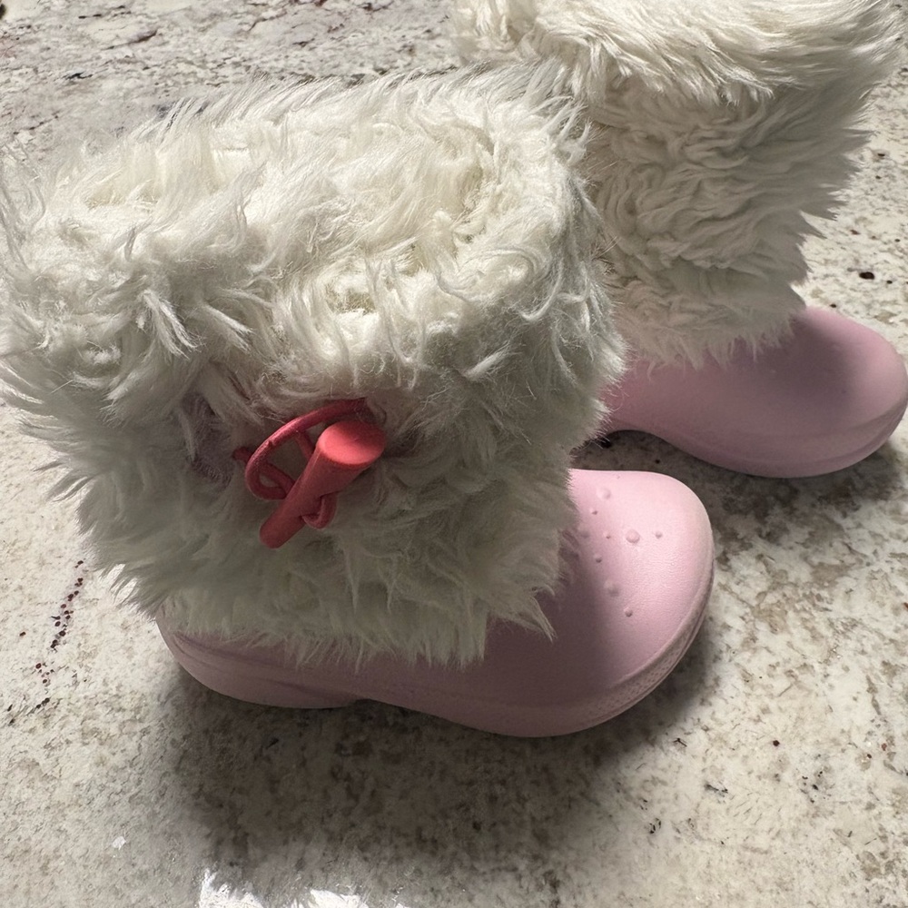 CROCS Pink and White Furry Baby Walker Shoes